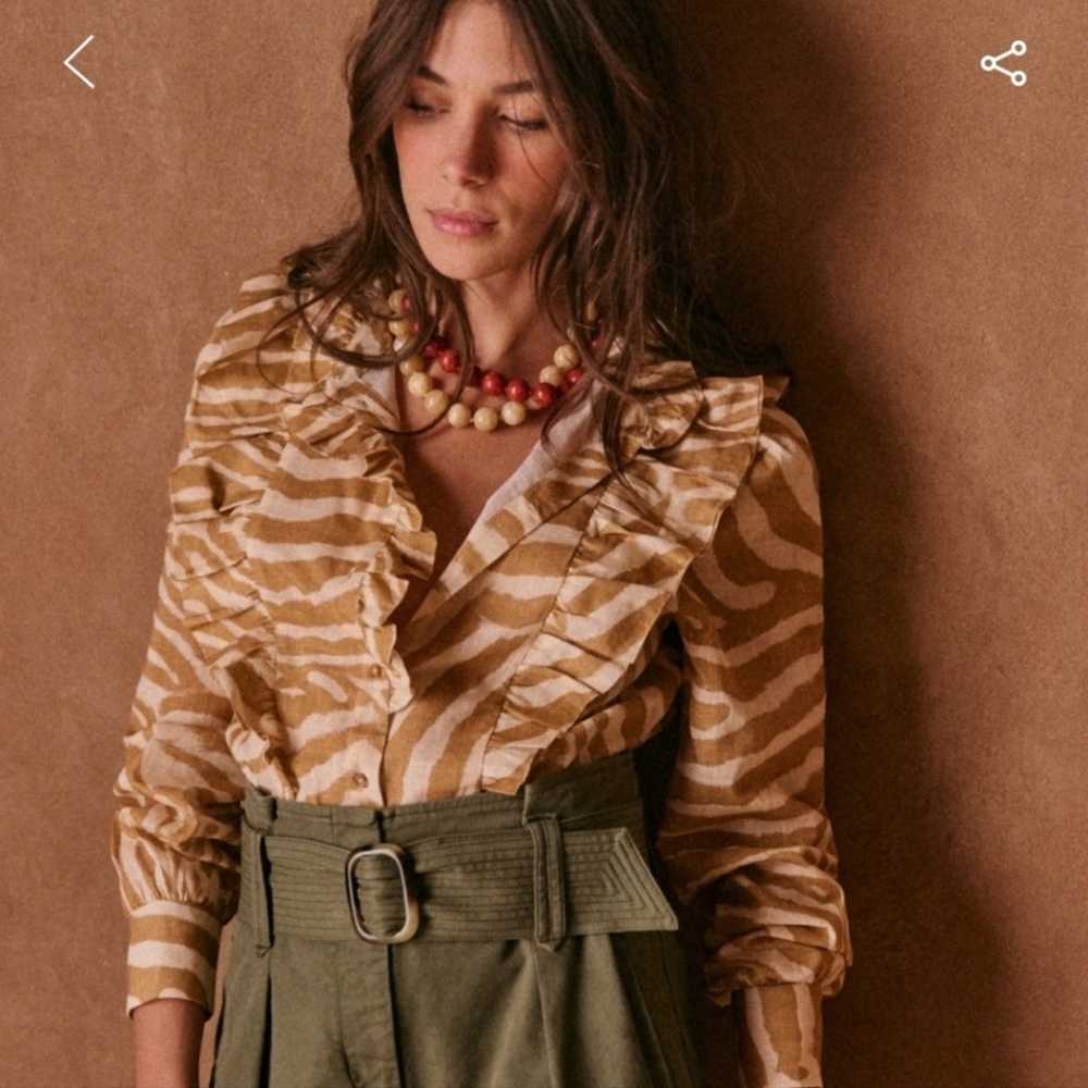 Sezane Beige and White Zebra-Print Ruffle Button-Down Shirt